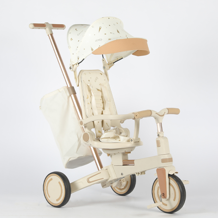 Tricicleta multifunctionala Kinderplay Baby 4-in-1, pentru copii de la 1 la 3 ani, pliabila si reglabila, roti moi, centura de siguranta, maner detasabil, alba [2]