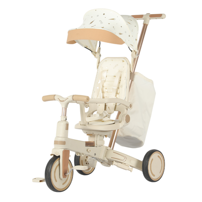 Tricicleta multifunctionala Kinderplay Baby 4-in-1, pentru copii de la 1 la 3 ani, pliabila si reglabila, roti moi, centura de siguranta, maner detasabil, alba
