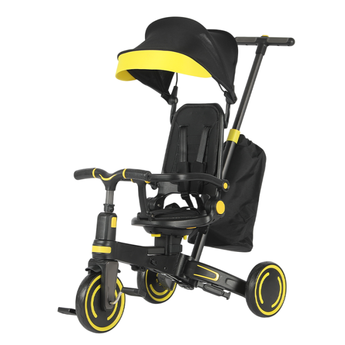 Tricicleta multifunctionala Kinderplay Baby 4-in-1, pentru copii de la 1 la 3 ani, pliabila si reglabila, roti moi, centura de siguranta, maner detasabil, galben
