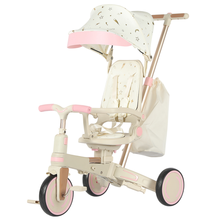 Tricicleta multifunctionala Kinderplay Baby 4-in-1, pentru copii de la 1 la 3 ani, pliabila si reglabila, roti moi, centura de siguranta, maner detasabil, roz