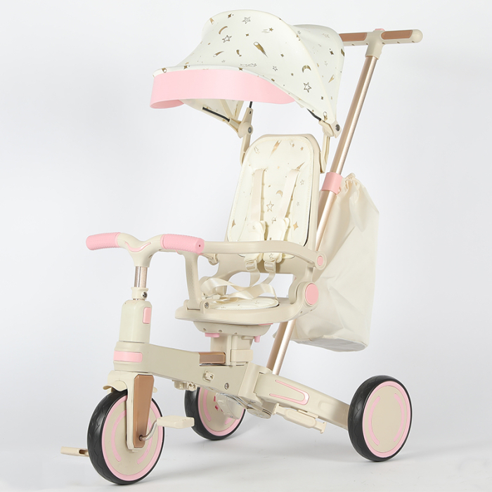 Tricicleta multifunctionala Kinderplay Baby 4-in-1, pentru copii de la 1 la 3 ani, pliabila si reglabila, roti moi, centura de siguranta, maner detasabil, roz [20]
