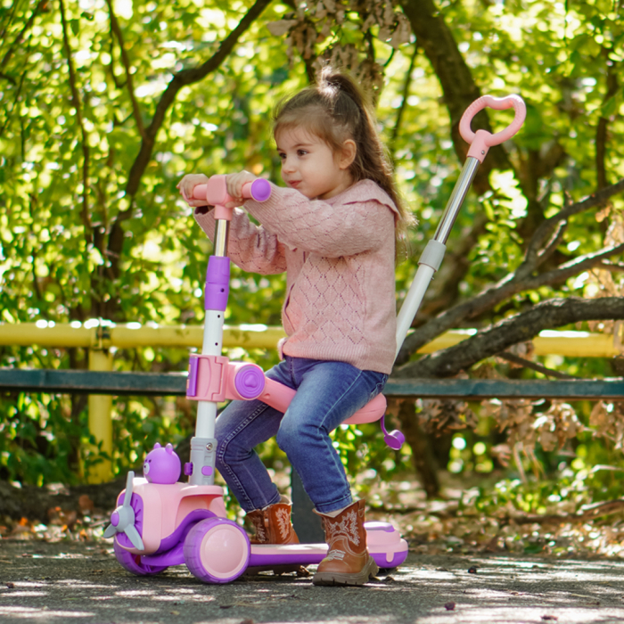 Trotineta 3 in 1 pentru copii 2-5 ani, Kinderplay Teddy, pliabila si ajustabila,  lumini LED si sunete interactive, roti moi, roz [5]