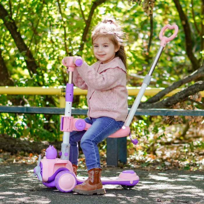 Trotineta 3 in 1 pentru copii 2-5 ani, Kinderplay Teddy, pliabila si ajustabila,  lumini LED si sunete interactive, roti moi, roz [4]