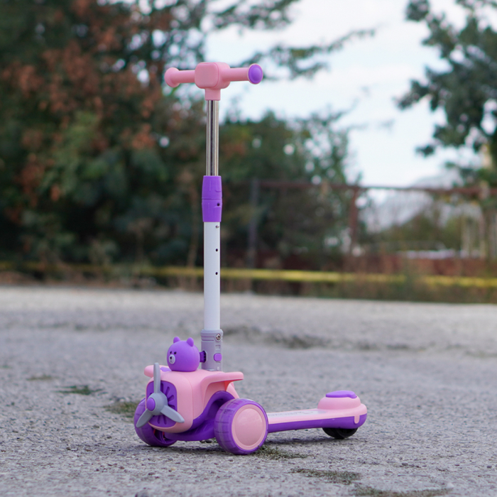 Trotineta 3 in 1 pentru copii 2-5 ani, Kinderplay Teddy, pliabila si ajustabila,  lumini LED si sunete interactive, roti moi, roz [11]
