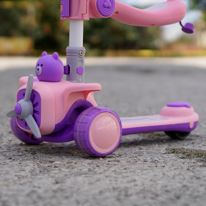 Trotineta 3 in 1 pentru copii 2-5 ani, Kinderplay Teddy, pliabila si ajustabila,  lumini LED si sunete interactive, roti moi, roz [15]