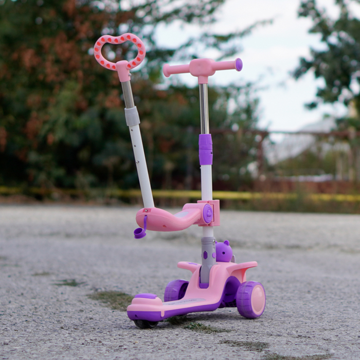 Trotineta 3 in 1 pentru copii 2-5 ani, Kinderplay Teddy, pliabila si ajustabila,  lumini LED si sunete interactive, roti moi, roz [9]