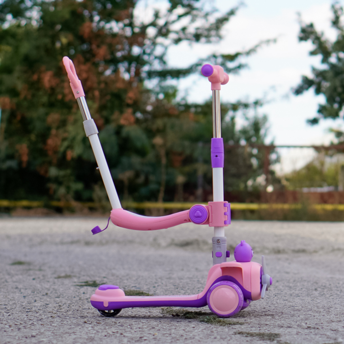 Trotineta 3 in 1 pentru copii 2-5 ani, Kinderplay Teddy, pliabila si ajustabila,  lumini LED si sunete interactive, roti moi, roz [8]