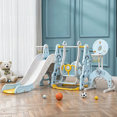 Centre de joaca pentru copii - Ansamblu de joaca pentru copii, Kinderplay Astronaut, 5 in 1, tobogan, leagan, cos baschet, poarta fotbal, mingi incluse, albastru