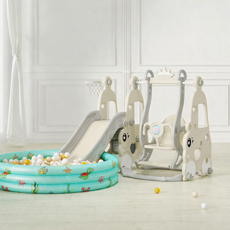 Ansamblu de joaca Kinderplay, pentru copii 1-4 ani, interior/exterior, leagan, tobogan, piscina cu bile, cos baschet, gri [1]