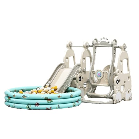 Centre de joaca pentru copii - Ansamblu de joaca Kinderplay, pentru copii 1-4 ani, interior/exterior, leagan, tobogan, piscina cu bile, cos baschet, gri