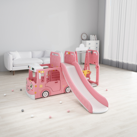 Ansamblu de joaca Kinderplay pentru copii, 4 in 1 cu tobogan, leagan si casuta tip autobuz, roz [1]