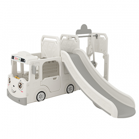 Centre de joaca pentru copii - Ansamblu de joaca Kinderplay pentru copii, 4 in 1 cu tobogan, leagan si casuta tip autobuz, alb