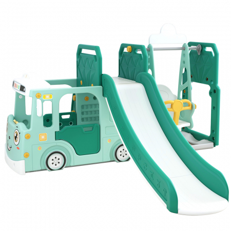 Centre de joaca pentru copii - Ansamblu de joaca Kinderplay pentru copii, 4 in 1 cu tobogan, leagan si casuta tip autobuz, verde