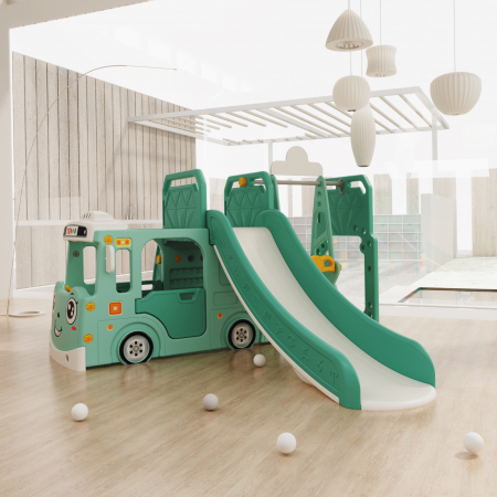 Ansamblu de joaca Kinderplay pentru copii, 4 in 1 cu tobogan, leagan si casuta tip autobuz, verde [13]
