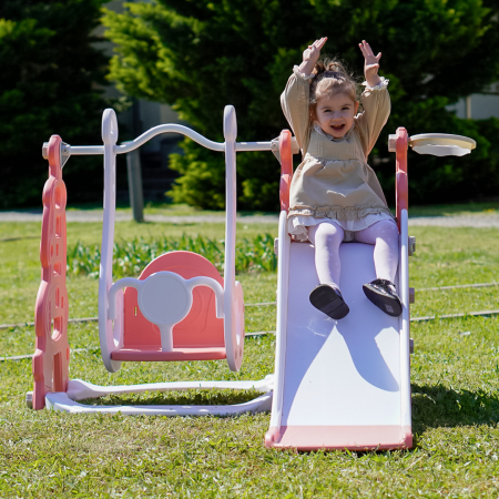 Ansamblu de joaca pentru copii Kinderplay, 4 in 1, cu leagan, tobogan, cos de baschet, mingi, rosu cu alb [2]