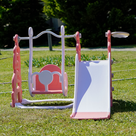 Ansamblu de joaca pentru copii Kinderplay, 4 in 1, cu leagan, tobogan, cos de baschet, mingi, rosu cu alb [6]