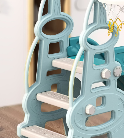 Ansamblu de joaca pentru copii Kinderplay, 4 in 1, cu leagan, tobogan, cos de baschet, mingi si jucarie muzicala, albastru-turquoise [4]