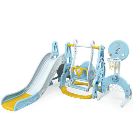 Ansambluri de joaca - Ansamblu de joaca pentru copii, Kinderplay Astronaut, 5 in 1, tobogan, leagan, cos baschet, poarta fotbal, mingi incluse, albastru