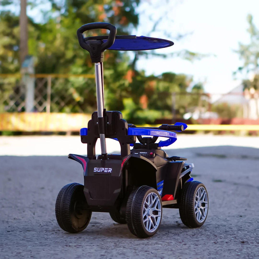 ATV electric Kinderplay Hercules cu maner, pentru copii 1-3 ani, roti moi, scaun tapitat, telecomanda control parental, albastru [5]