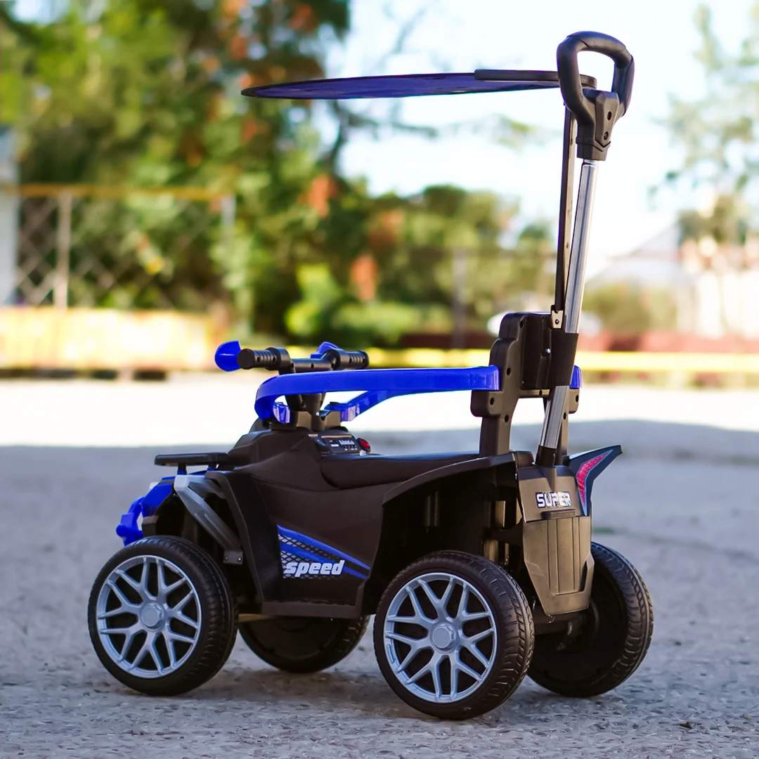 ATV electric Kinderplay Hercules cu maner, pentru copii 1-3 ani, roti moi, scaun tapitat, telecomanda control parental, albastru [4]