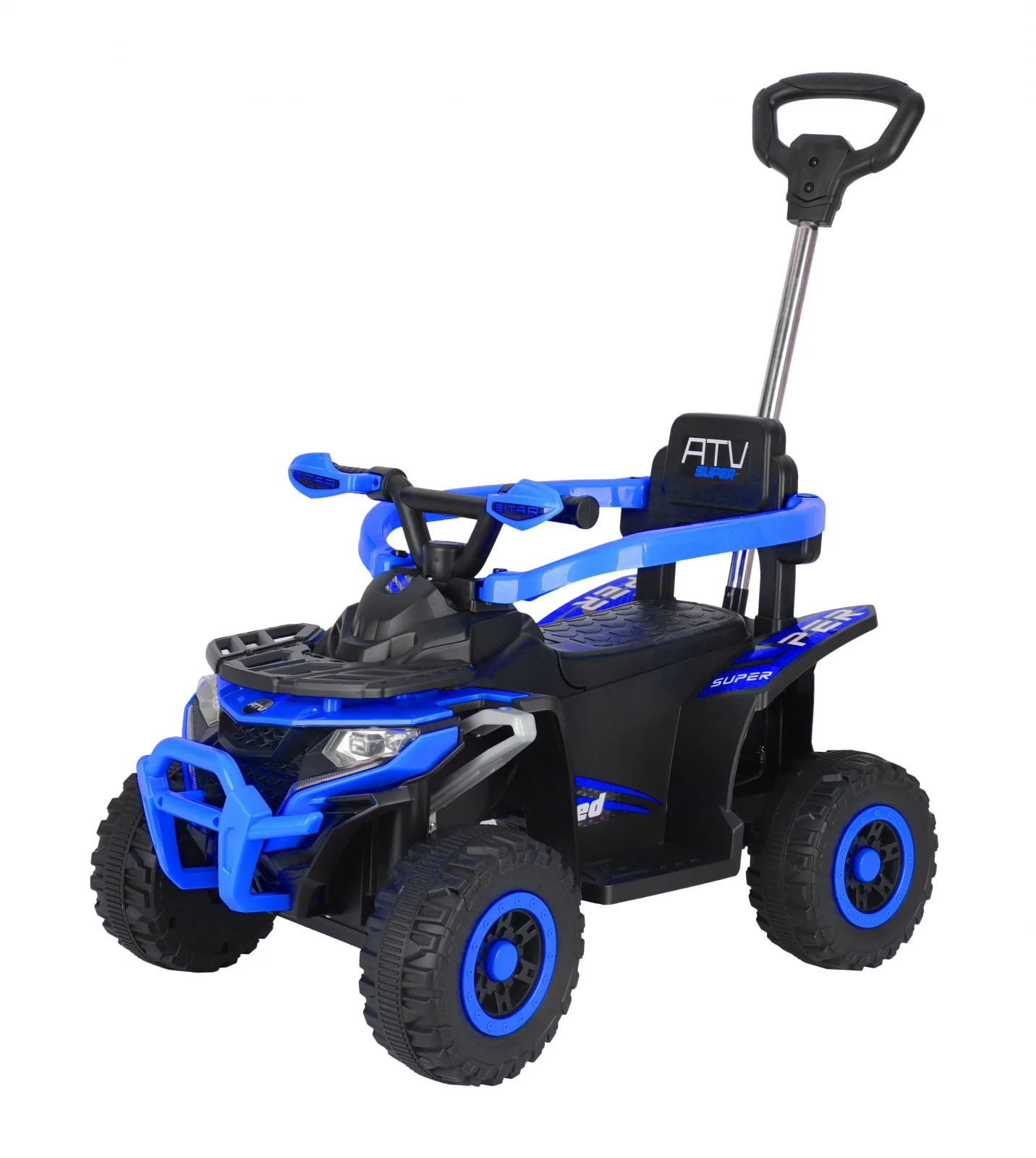 Produse in stoc - ATV electric Kinderplay Hercules cu maner, pentru copii 1-3 ani, roti moi, scaun tapitat, telecomanda control parental, albastru