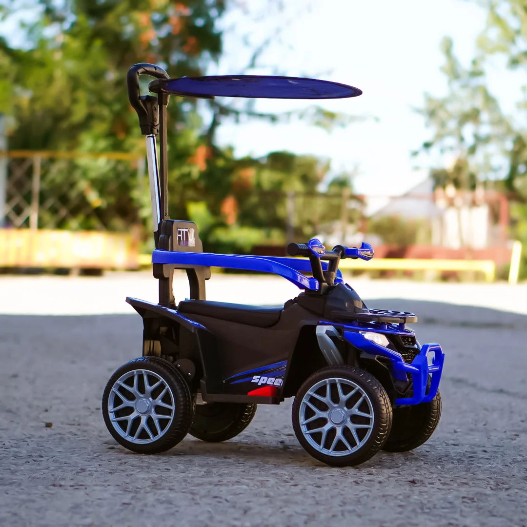 ATV electric Kinderplay Hercules cu maner, pentru copii 1-3 ani, roti moi, scaun tapitat, telecomanda control parental, albastru [3]