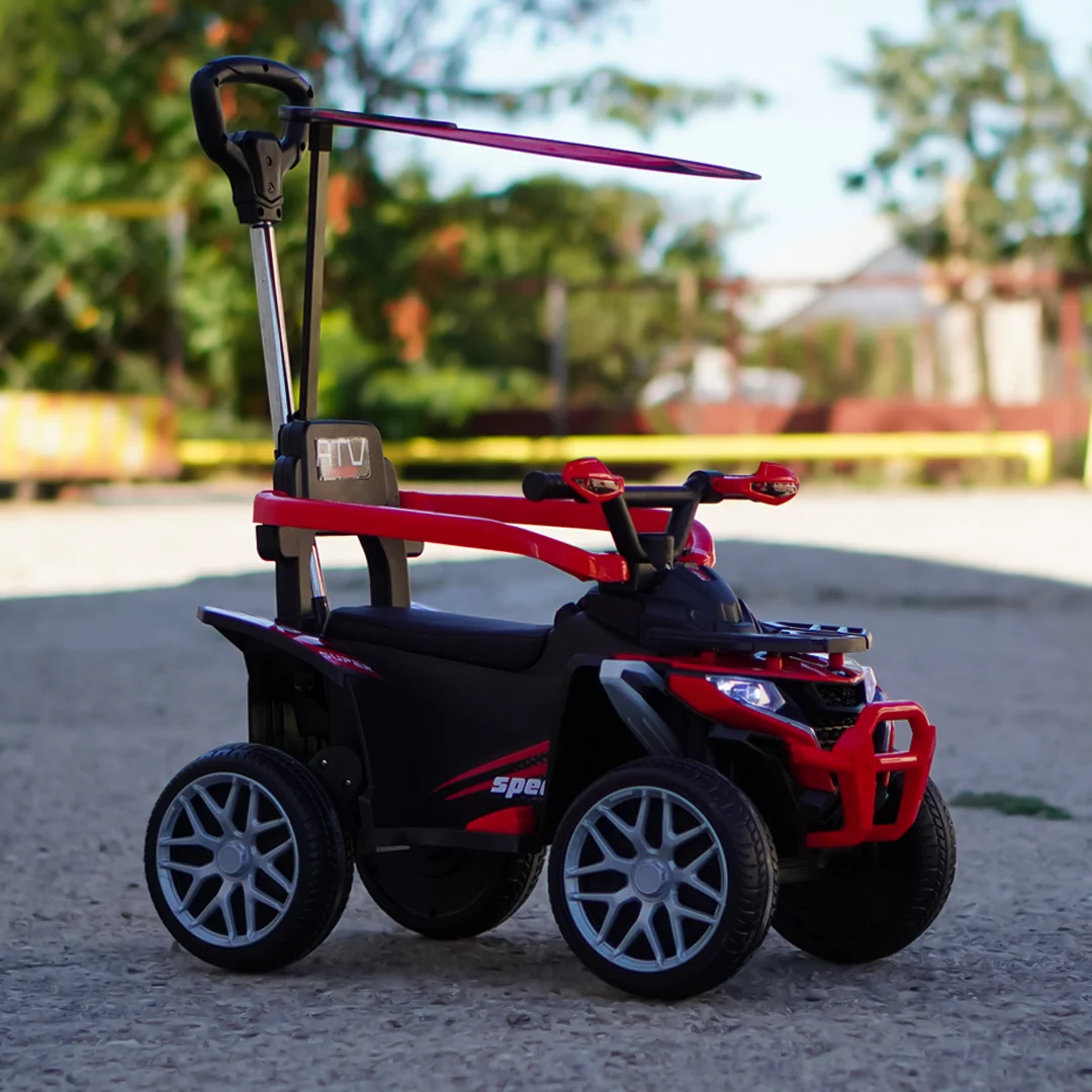 ATV electric Kinderplay Hercules cu maner, pentru copii 1-3 ani, roti moi, scaun tapitat, telecomanda control parental, rosu [5]