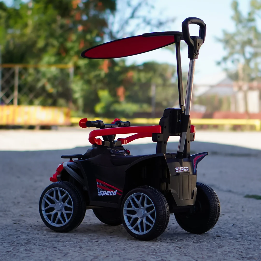 ATV electric Kinderplay Hercules cu maner, pentru copii 1-3 ani, roti moi, scaun tapitat, telecomanda control parental, rosu [8]