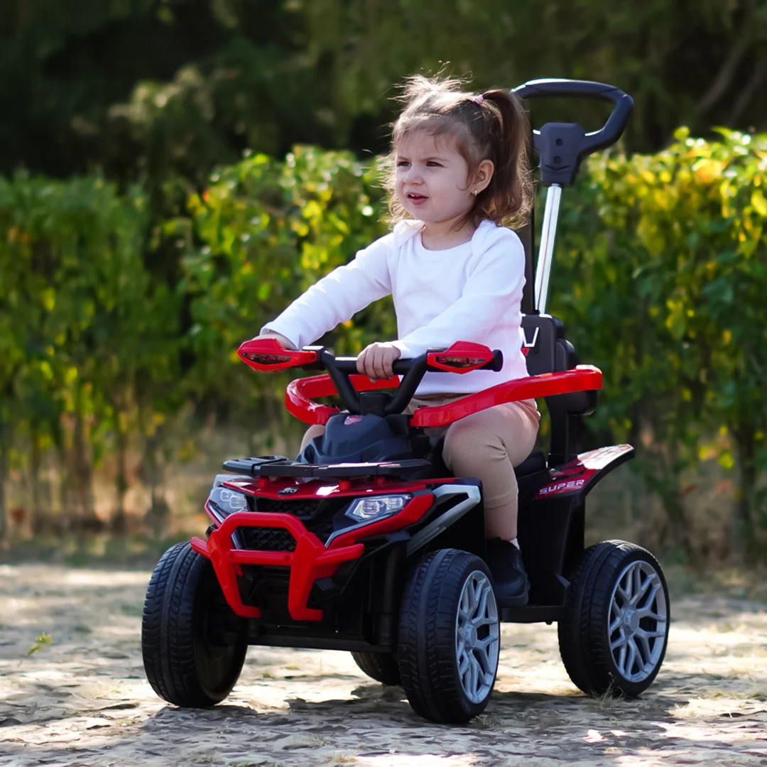 ATV electric Kinderplay Hercules cu maner, pentru copii 1-3 ani, roti moi, scaun tapitat, telecomanda control parental, rosu [2]