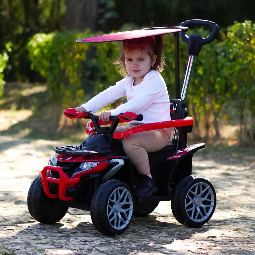 ATV electric Kinderplay Hercules cu maner, pentru copii 1-3 ani, roti moi, scaun tapitat, telecomanda control parental, rosu [1]