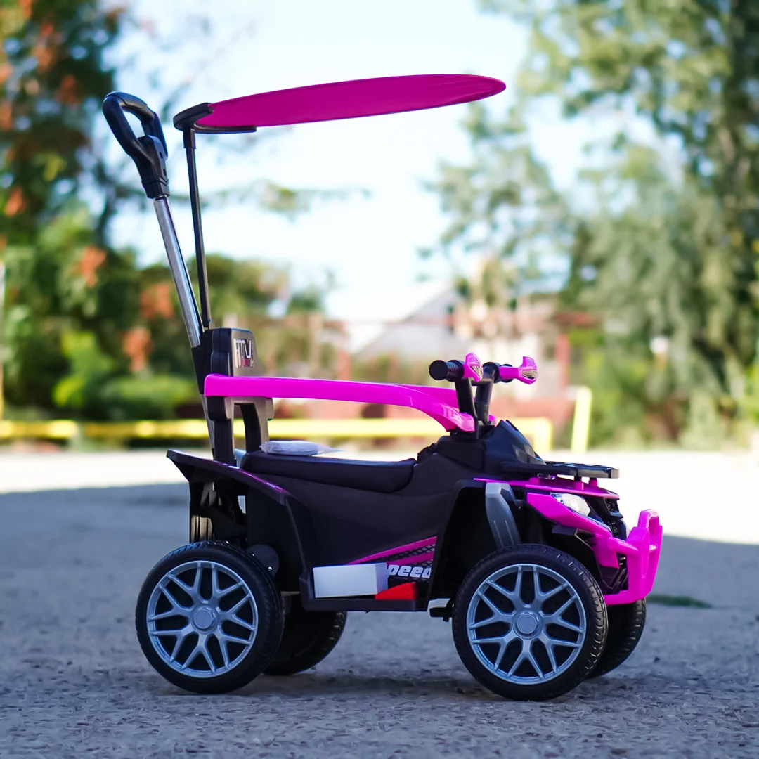 ATV electric Kinderplay Hercules cu maner, pentru fetite 1-3 ani, roti moi, scaun tapitat, telecomanda control parental, roz [4]