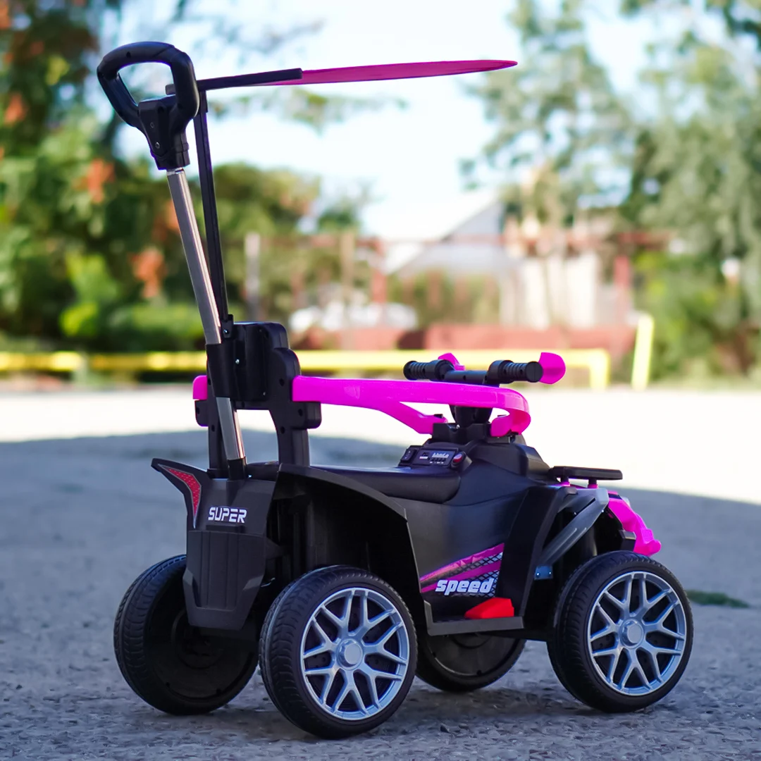 ATV electric Kinderplay Hercules cu maner, pentru fetite 1-3 ani, roti moi, scaun tapitat, telecomanda control parental, roz [6]