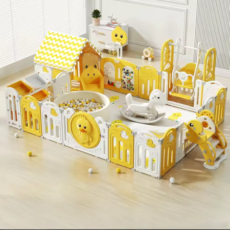 Ansambluri de joaca - Centru de joaca pentru copii Kinderplay Duck Deluxe, tarc modular cu tobogan, leagan, piscina cu bile si multiple activitati, galben-alb