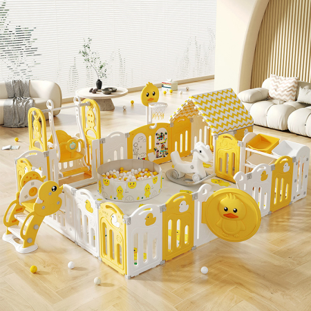 Centru de joaca pentru copii Kinderplay Duck Deluxe, tarc modular cu tobogan, leagan, piscina cu bile si multiple activitati, galben-alb [3]