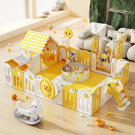 Centru de joaca pentru copii Kinderplay Duck Deluxe, tarc modular cu tobogan, leagan, piscina cu bile si multiple activitati, galben-alb [2]