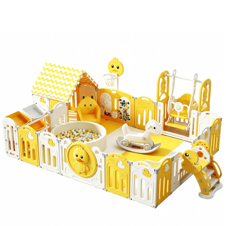 Ansambluri de joaca - Centru de joaca pentru copii Kinderplay Duck Deluxe, tarc modular cu tobogan, leagan, piscina cu bile si multiple activitati, galben-alb