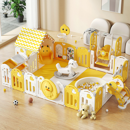 Ansambluri de joaca - Centru de joaca pentru copii Kinderplay Duck Deluxe, tarc modular cu tobogan, leagan, piscina cu bile si multiple activitati, galben-alb