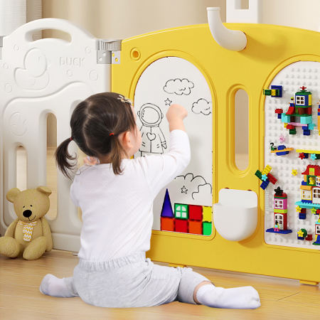 Centru de joaca pentru copii Kinderplay Duck Deluxe, tarc modular cu tobogan, leagan, piscina cu bile si multiple activitati, galben-alb [9]