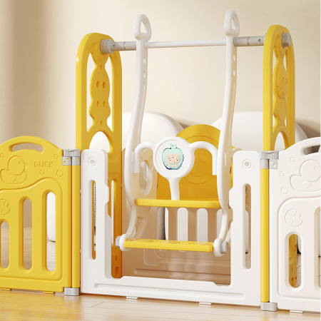 Centru de joaca pentru copii Kinderplay Duck Deluxe, tarc modular cu tobogan, leagan, piscina cu bile si multiple activitati, galben-alb [7]