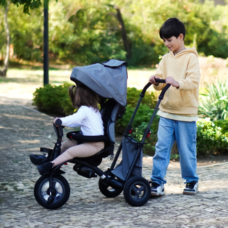 Kinderplay Baby, carucior, tricicleta multifunctionala pentru copii intre 1 si 5 ani, pliabila si reglabila, roti moi, gri [1]