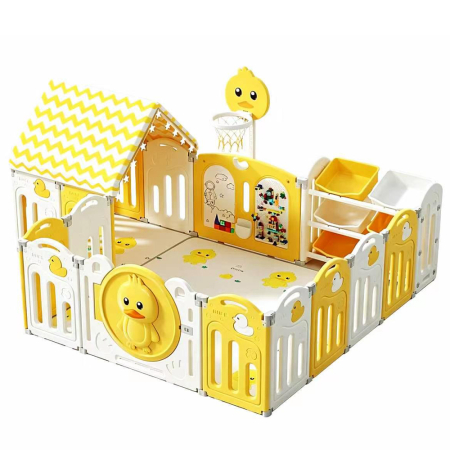 Ansambluri de joaca - Loc de joaca pentru copii Kinderplay Lovely Duck, tarc modular, cort, covoras spuma, cos baschet, organizator si alte elemente interactive, galben