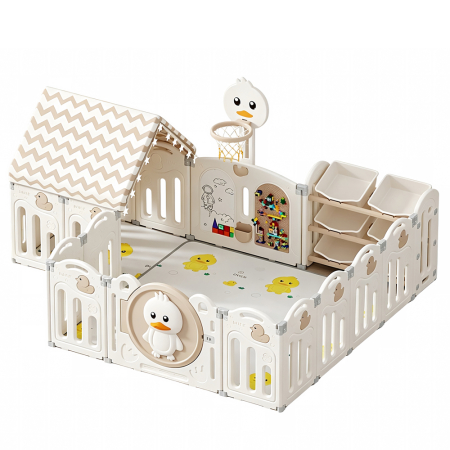 Ansambluri de joaca - Loc de joaca pentru copii Kinderplay Lovely Duck, tarc modular, cort, covoras spuma, cos baschet, organizator si alte elemente interactive, bej-cafe