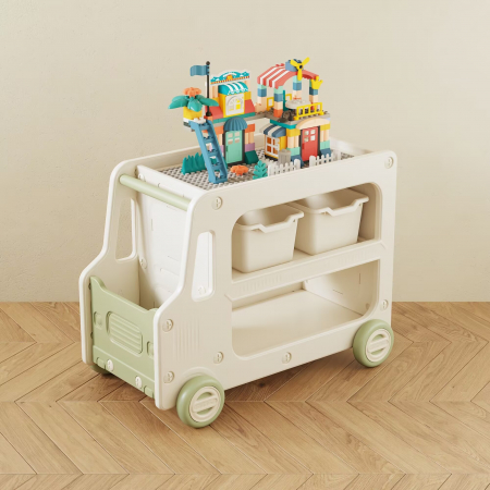 Produse in stoc - Organizator de jucării Kinderplay tip autobuz, multifuncțional, placa suport pentru piese lego, accesorii incluse, verde