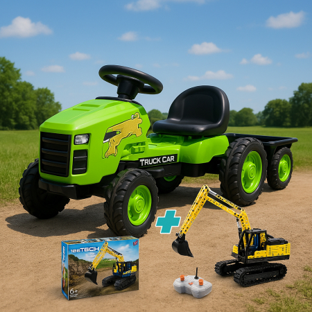Pachete promotionale - Pachet Kinderplay Joaca si Constructie pentru copii - Tractoras cu pedale + Set construcție excavator cu telecomanda, 544 de piese