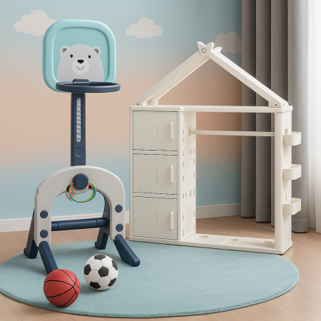 Pachet Kinderplay Joaca si Organizare – Dulapior pentru copii + Centru de activitati 3 in 1 cu cos de baschet, poarta de fotbal si mingi incluse [3]