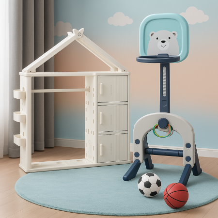 Pachete promotionale - Pachet Kinderplay Joaca si Organizare – Dulapior pentru copii + Centru de activitati 3 in 1 cu cos de baschet, poarta de fotbal si mingi incluse