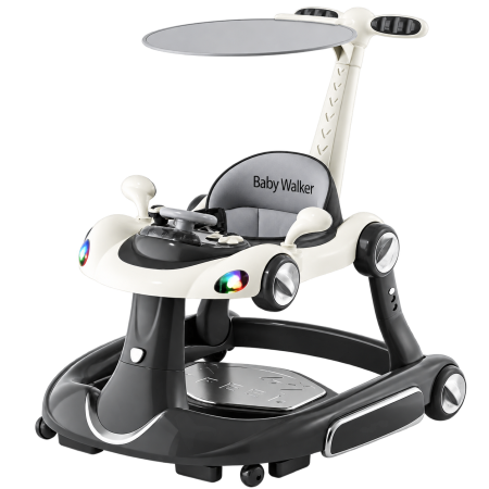 Premergator Kinderplay Walker 5 in 1, balansoar, jumper, maner parental, parasolar, volan, lumini si muzica, reglabil si pliabil, negru cu alb [0]