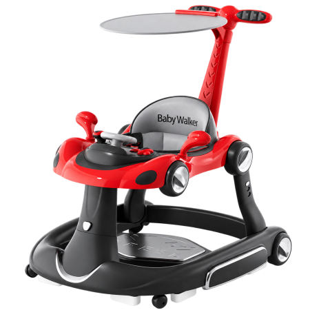 Premergator Kinderplay Walker 5 in 1, balansoar, jumper, maner parental, parasolar, volan, lumini si muzica, reglabil si pliabil, negru cu rosu [0]