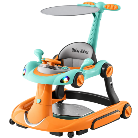 Premergator Kinderplay Walker 5 in 1 pentru copii 6-18 luni, balansoar, jumper, maner parental, parasolar, volan, lumini si muzica, reglabil si pliabil, orange [0]
