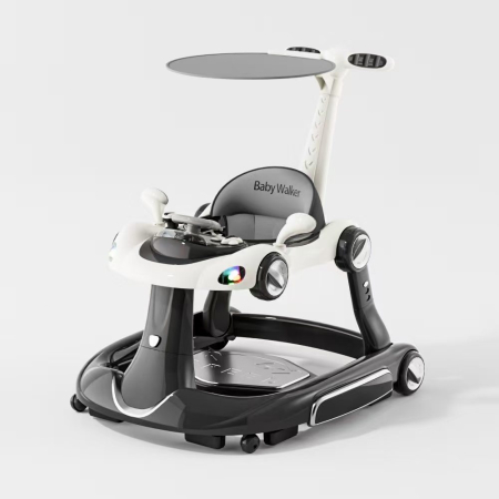 Premergatoare - Premergator Kinderplay Walker 5 in 1, balansoar, jumper, maner parental, parasolar, volan, lumini si muzica, reglabil si pliabil, negru cu alb